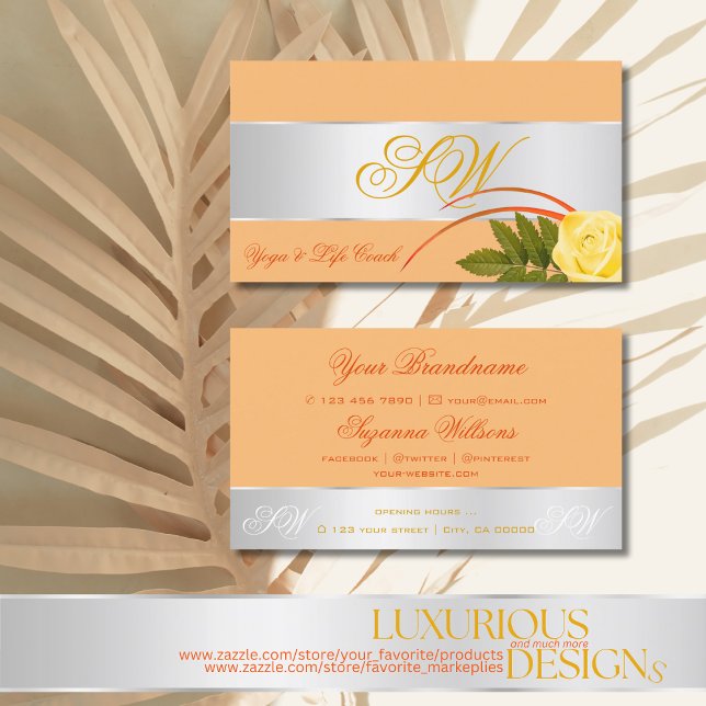 Peach Silver Decor Cute Rose Flower with Monogram Business Card (Creator Uploaded)