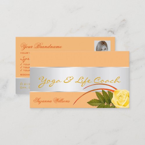 Peach Silver Decor Gorgeous Rose Flower with Photo Business Card