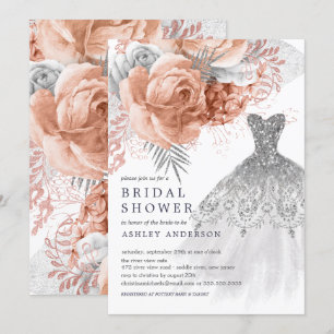 Peach & Silver Floral Wedding Dress Bridal Shower Invitation