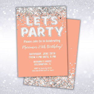 Peach Silver Glitter Birthday Party Invitation
