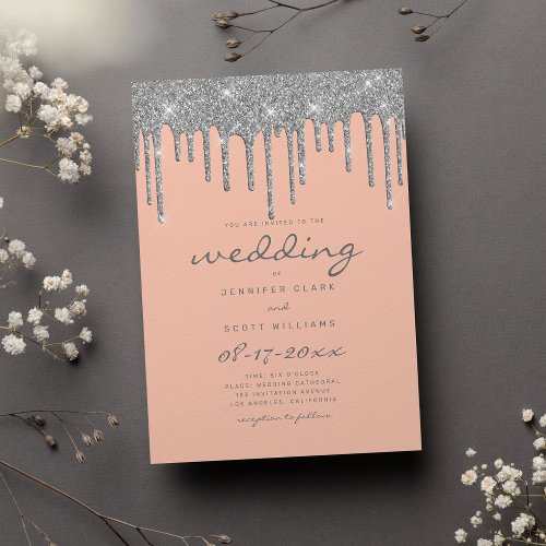 Peach silver glitter drips modern script wedding invitation