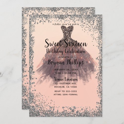 Peach  Silver Glitter Party Dress Glam Sweet 16 Invitation