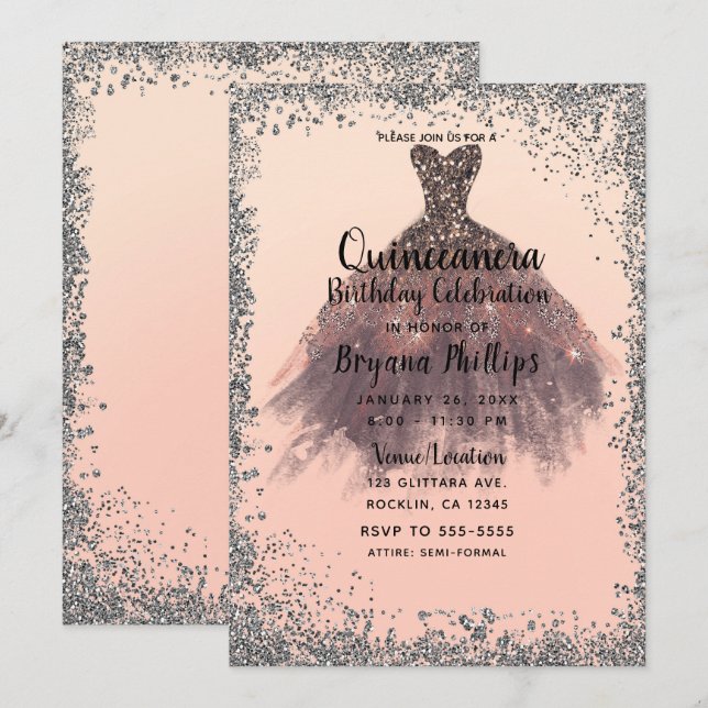 Peach & Silver Glitter Party Dress Quinceañera 15 Invitation (Front/Back)