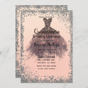 Peach & Silver Glitter Party Dress Quinceañera 15 Invitation