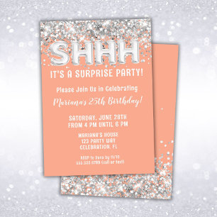 Peach Silver Glitter Surprise Birthday Party Invitation