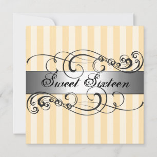 Peach & Silver stripe Sweet 16 Birthday Invitation