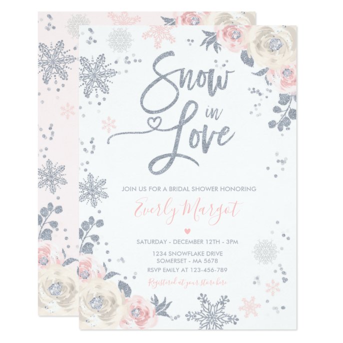 Peach &amp; Silver Winter Bridal Shower Snow In Love Invitation