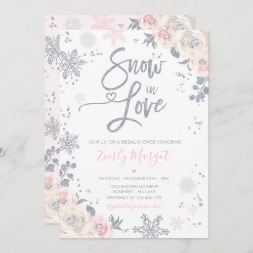 Peach  Silver Winter Bridal Shower Snow In Love Invitation