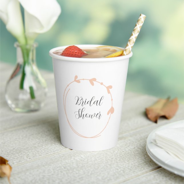 Peach Simple Heart Wreath Bridal Shower Paper Cups (Insitu)