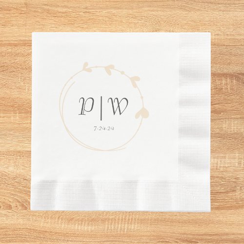 Peach Simple Heart Wreath Initials Wedding Napkins