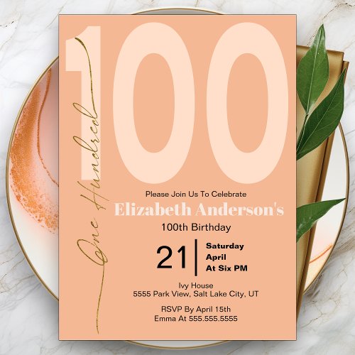 Peach Simple Minimal Elegant 100th Birthday Invitation