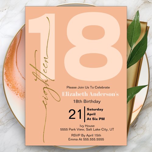 Peach Simple Minimal Elegant 18th Birthday Invitation