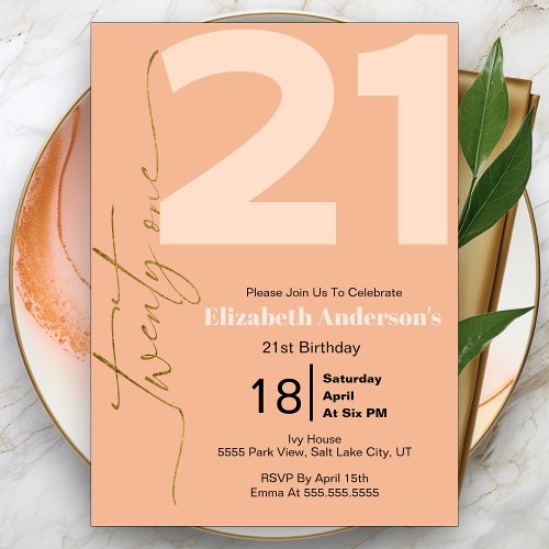 Peach Simple Minimal Elegant 21st Birthday Invitation