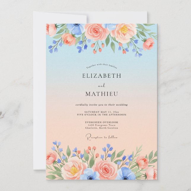 Peach Sky Blue Idyllic Summer Wedding Invitation (Front)