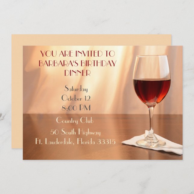Peach Sophisticated Red wine birthday Invitation (Front/Back)
