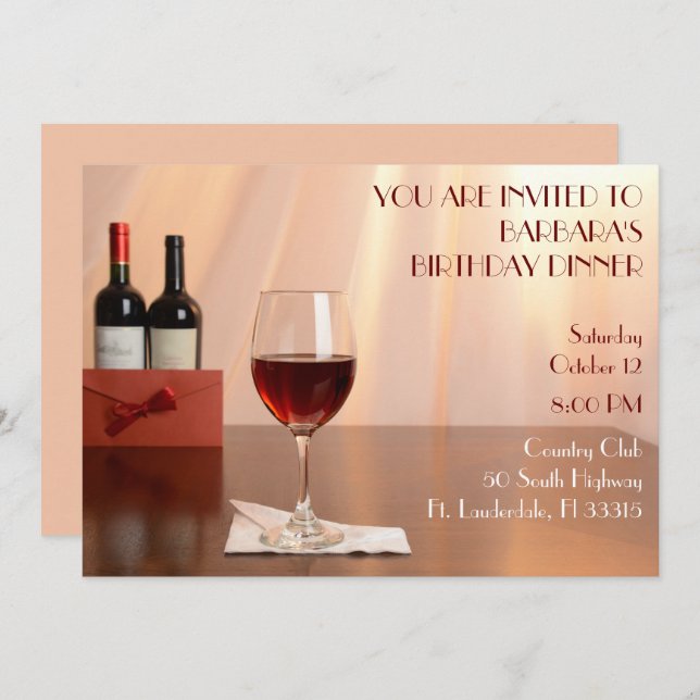 Peach Sophisticated Red wine birthday  party  Invitation (Front/Back)