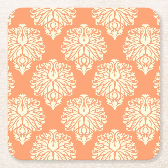Peach Southern Cottage Damask Square Paper Coaster (Front)