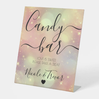 Peach Sparkle Bokeh Personalized Wedding Candy Bar Pedestal Sign