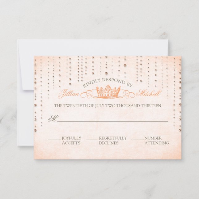 Peach Sparkles & Crown Fairytale Wedding RSVP Card (Front)