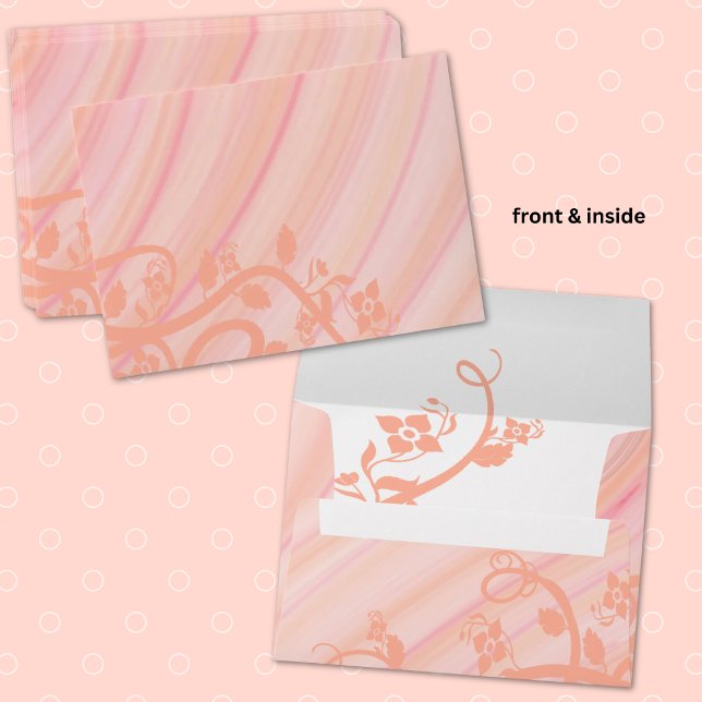 Peach Spirals and Flowers Special Event Mailing Envelope (Pink & peach spiral background with vine and leaf art inside and outside envelope)