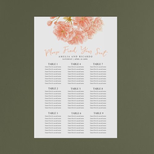 Peach spring blossom wedding seating chart poster
