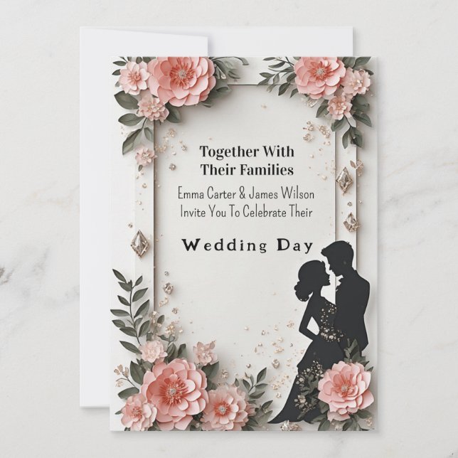 🌹 Peach Spring Floral Wedding With Couple 💐 Invitation (Front)