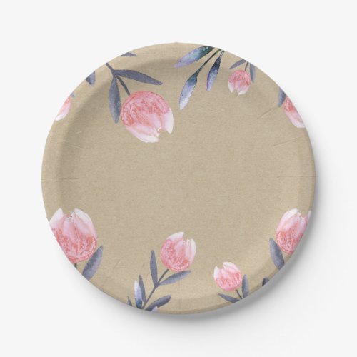 Peach Spring Watercolor Tulips Bridal Shower Party Paper Plates