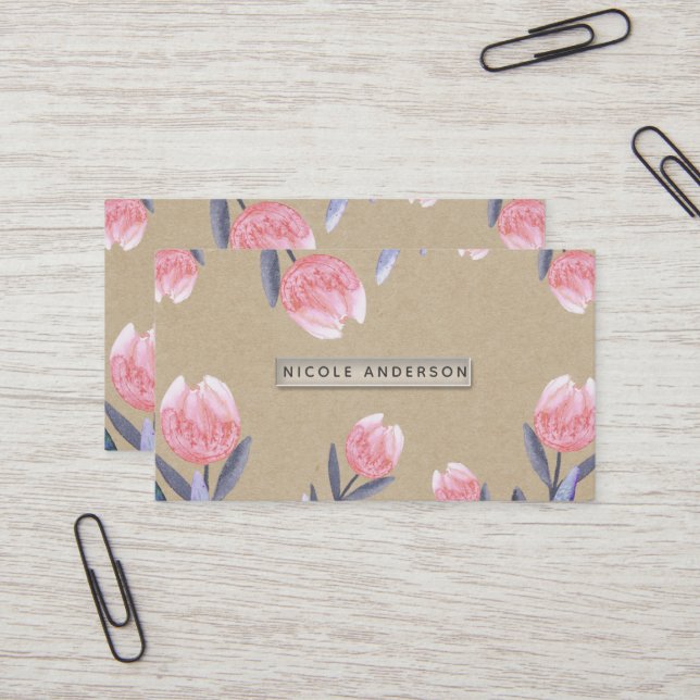 Peach Spring Watercolor Tulips Rustic Kraft Chic Business Card (Front/Back In Situ)