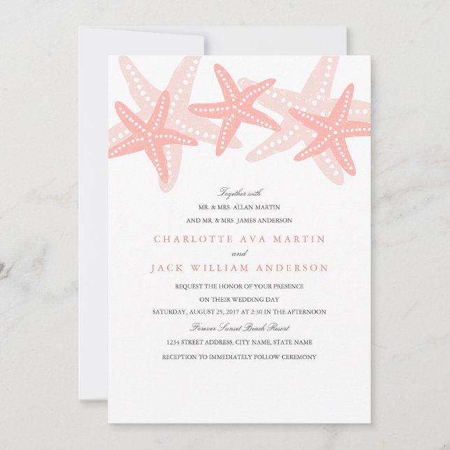 Peach Starfish Beach Wedding Invitation (Front)