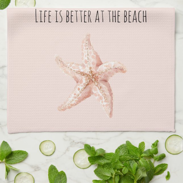 Peach Starfish Better at Beach Kitchen Towel (Folded)