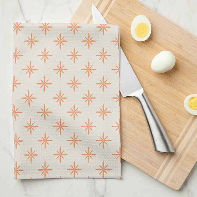 Peach Stars on Cream Atomic Midcentury Pattern Kitchen Towel (Quarter Fold)