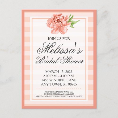 Peach Stripe and Floral Bridal Shower Invitation  Postcard