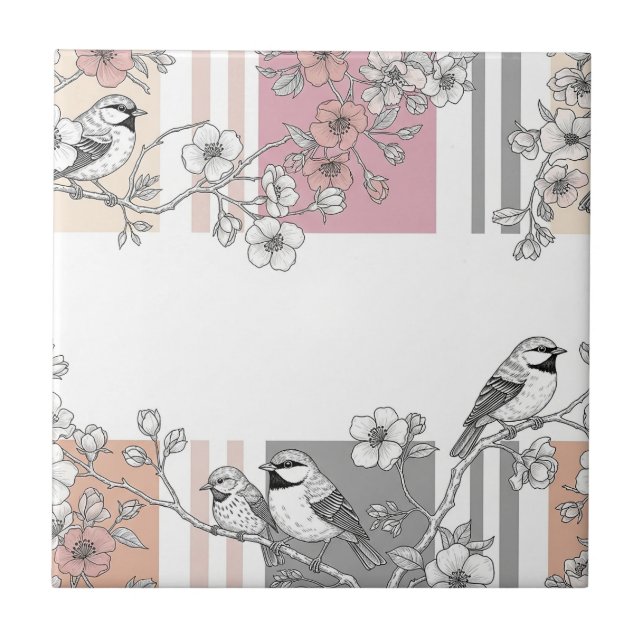 Peach Stripe Floral Bird Elegant (10) Ceramic Tile (Front)