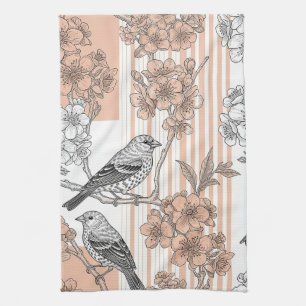 Peach Stripe Floral Bird Elegant (1) Kitchen Towel