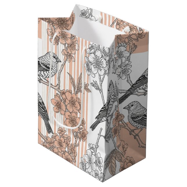 Peach Stripe Floral Bird Elegant (1) Medium Gift Bag (Front Angled)