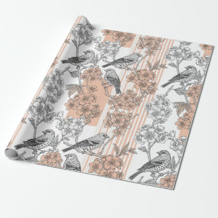 Peach Stripe Floral Bird Elegant (1) Wrapping Paper