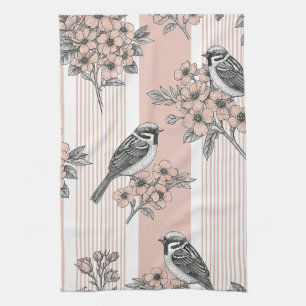 Peach Stripe Floral Bird Elegant (2) Kitchen Towel