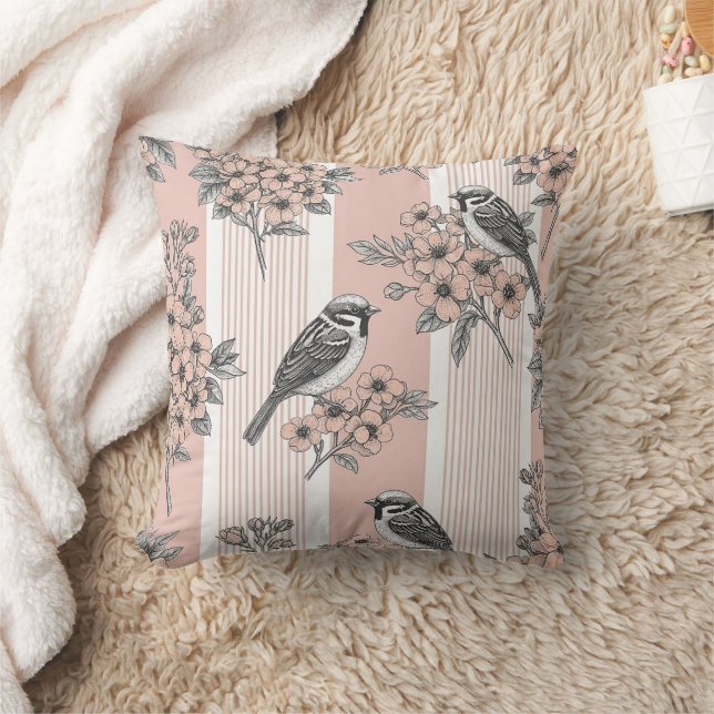 Peach Stripe Floral Bird Elegant (2) Throw Pillow (Blanket)