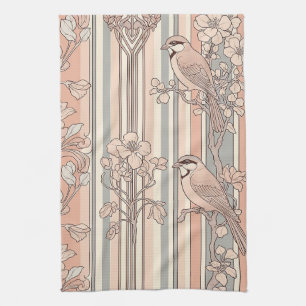 Peach Stripe Floral Bird Elegant (3) Kitchen Towel