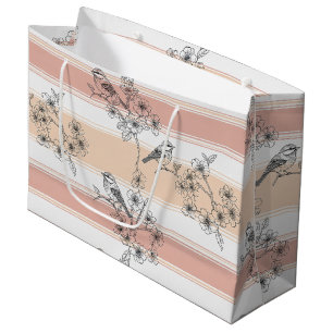 Peach Stripe Floral Bird Elegant (3) Large Gift Bag