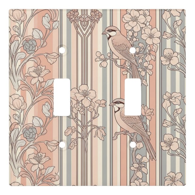 Peach Stripe Floral Bird Elegant (3) Light Switch Cover (Front)