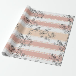 Peach Stripe Floral Bird Elegant (3) Wrapping Paper