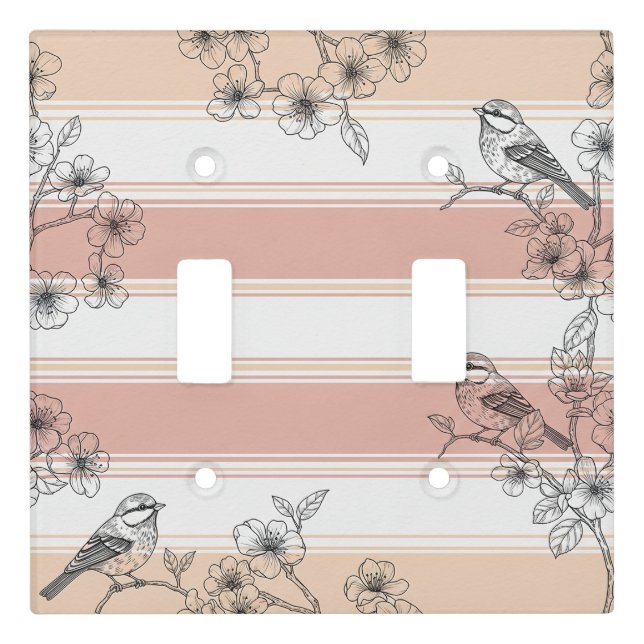 Peach Stripe Floral Bird Elegant (4) Light Switch Cover (Front)