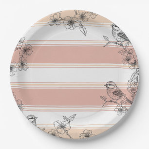 Peach Stripe Floral Bird Elegant (4) Paper Plates