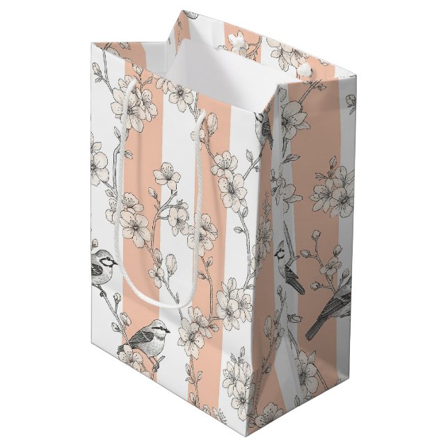 Peach Stripe Floral Bird Elegant (5) Medium Gift Bag (Front Angled)