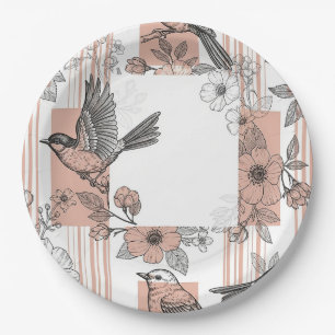 Peach Stripe Floral Bird Elegant (5) Paper Plates