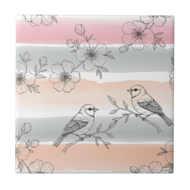 Peach Stripe Floral Bird Elegant (6) Ceramic Tile (Front)