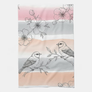 Peach Stripe Floral Bird Elegant (6) Kitchen Towel