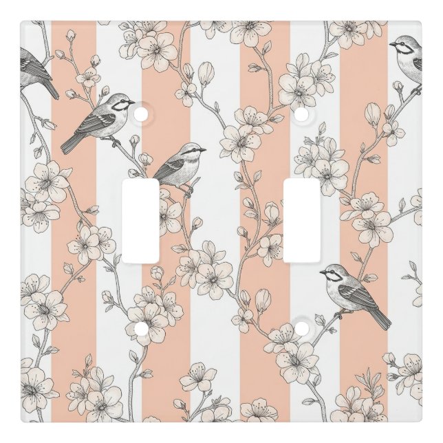Peach Stripe Floral Bird Elegant (6) Light Switch Cover (Front)
