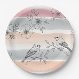 Peach Stripe Floral Bird Elegant (6) Paper Plates